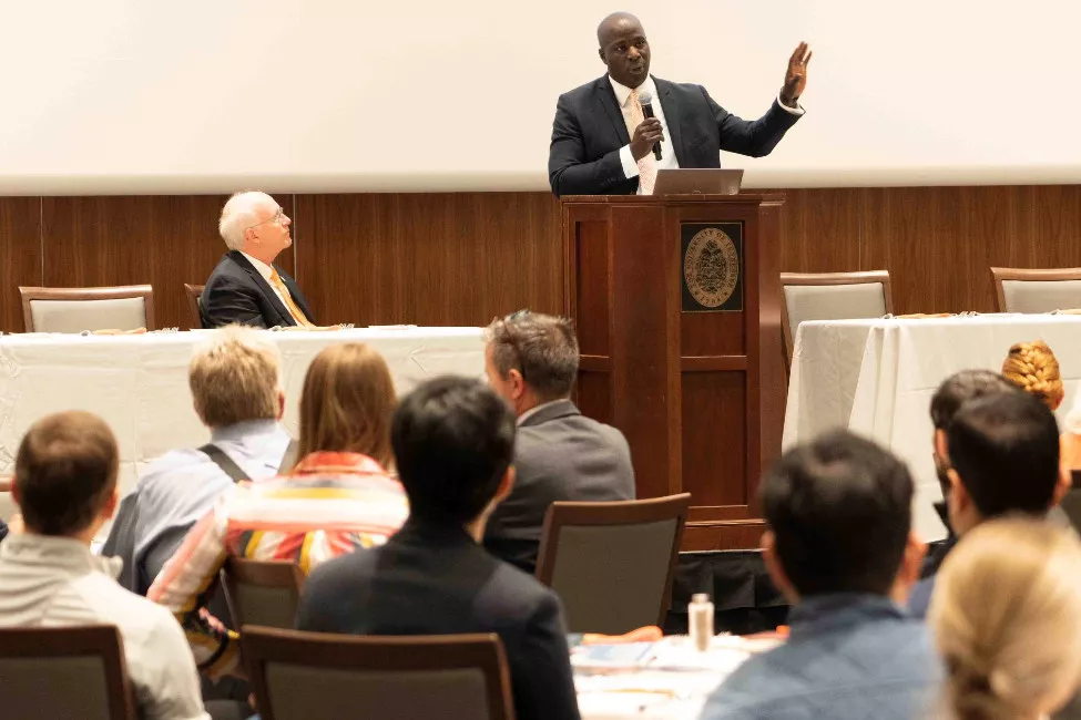 Clarence Vaughn and Steve Mangum at a speaking event