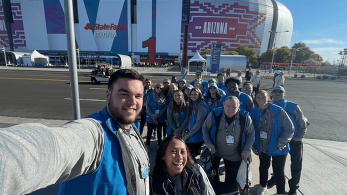 Dayne Davis and others outside State Farm Stadium at the 2023 Superbowl.|Dayne Davis and other students outside State Farm Stadium at the 2023 Superbowl.