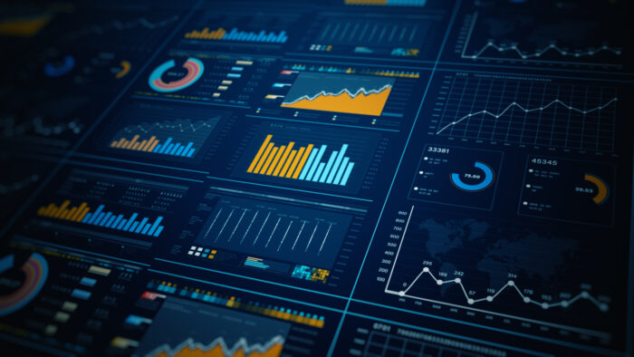 Data analytics dashboard display. Business and financial investment information.