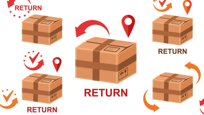 illustration of several cardboard packages with the word "return" printed below and bent directional arrows indicating they are to be returned.